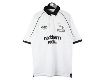 Camiseta polo de rugby vintage NEWCASTLE FALCONS Cotton Traders 2008/09, camiseta de manga corta con cuello, talla L, logo grande, estilo casual, ropa deportiva