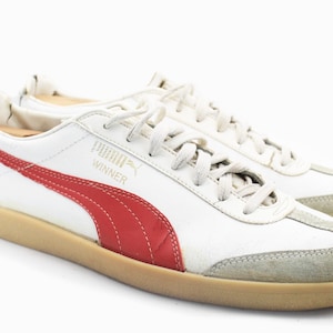 vintage PUMA Winner Sneakers US 11 rare retro athletic shoes 80s classic trainers wear tie unisex sport white red casual classic