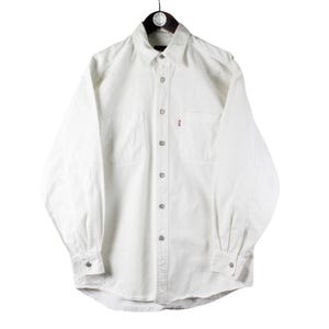vintage LEVIS denim shirt Size S Oversized authentic jean blouse USA 90s style retro western cowboy retro work wear men&#39;s streetwear white
