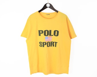 vintage POLO SPORT Ralph Lauren Yellow USA flag big logo t shirt Size men's L hip hop retro tee top 90s rare deadstock old school t shirt