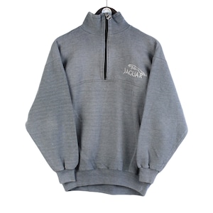 May include: A gray half-zip sweatshirt with a white embroidered Jaguar logo on the front.