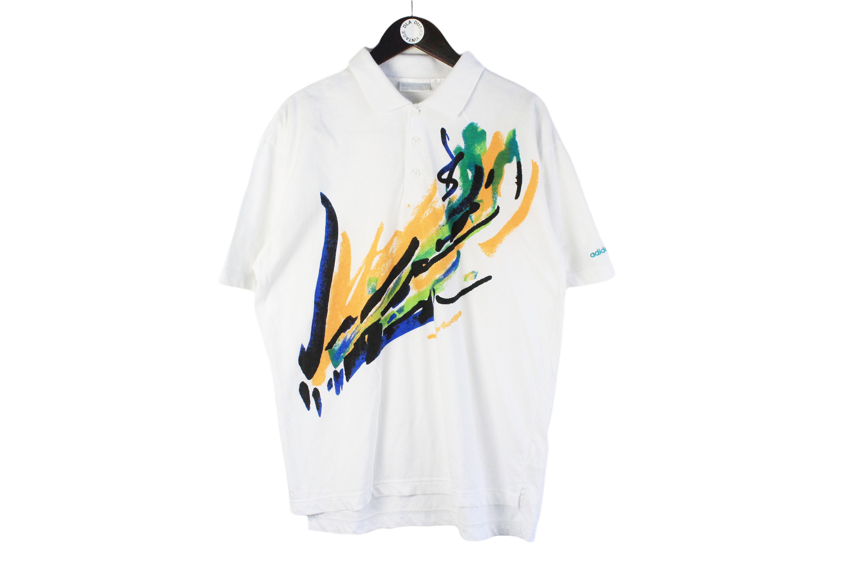vintage ADIDAS Polo T-Shirt Size XL men's authentic tennis abstract pattern 90's 80's retro summer collared tee sport wear white multicolor