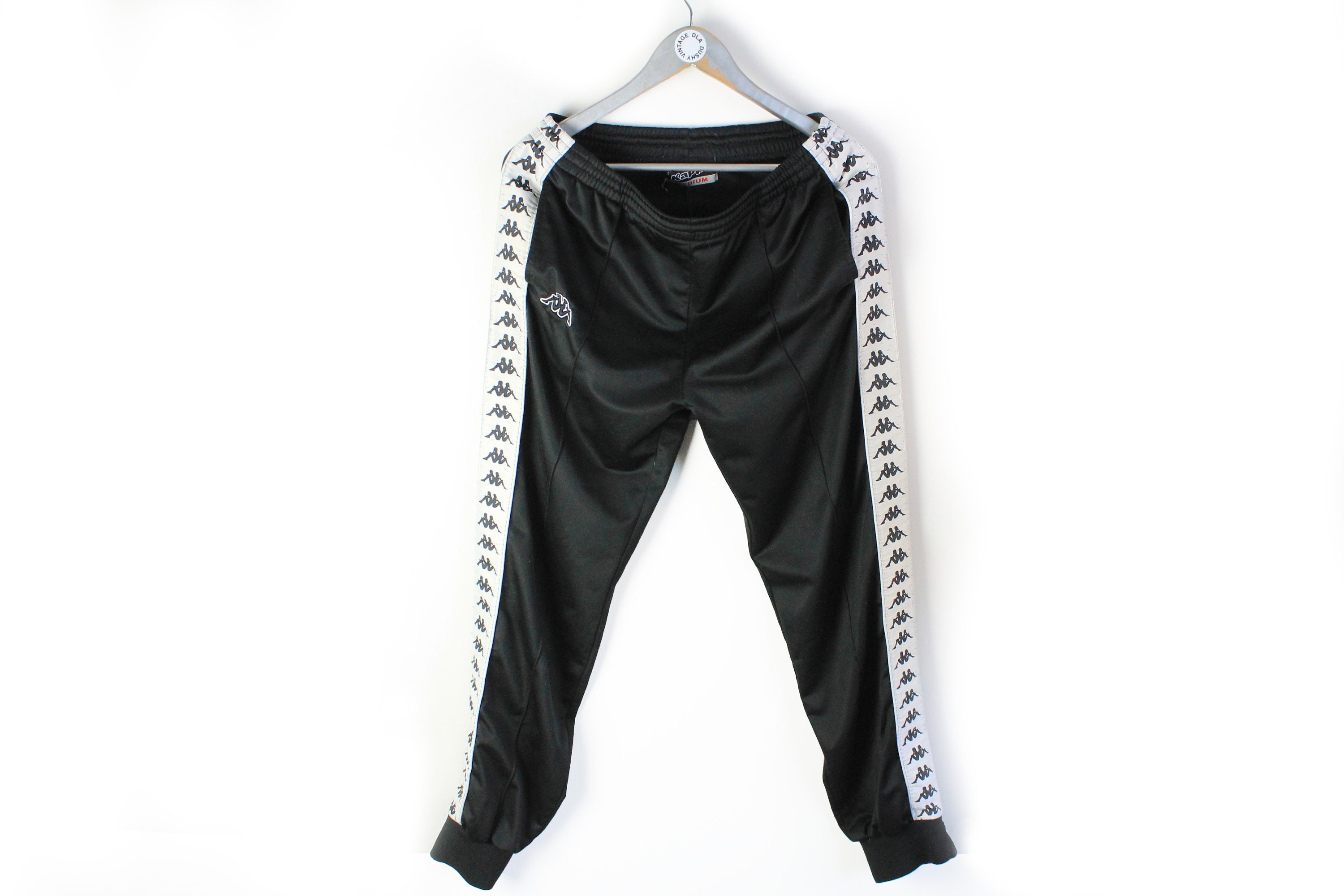 Vintage KAPPA Men's Track Pants Size M Medium Black White Full Strip Logo  Authentic Retro Cuffs Rare Trousers Sport Wear Athletic 90s 80s 