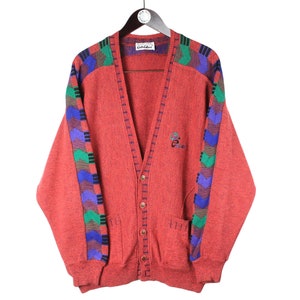 vintage CARLO COLUCCI authentic Cardigan sweater knit wear Size XL rare retro men&#39;s jumper 90s style deep V-neck button up red abstract