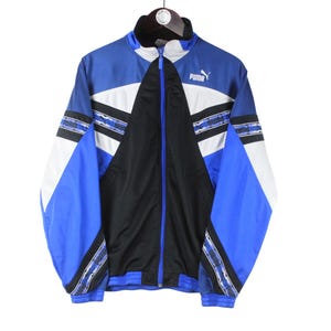 vintage PUMA Trainingsjacke Männer Größe M authentische Retro rave style Sport 90er Jahre kleines Logo Windjacke athletisch Streetwear Kleidung blau