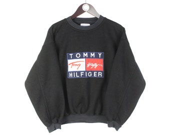 vintage TOMMY HILFIGER gros logo bootleg sweat noir taille M femmes rare rétro rave coton hip hop wear streetwear des années 90 sport