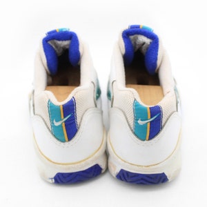 May include: A pair of white leather sneakers with blue and teal accents. The sneakers have a white swoosh logo on the side and a blue and yellow stripe on the back.