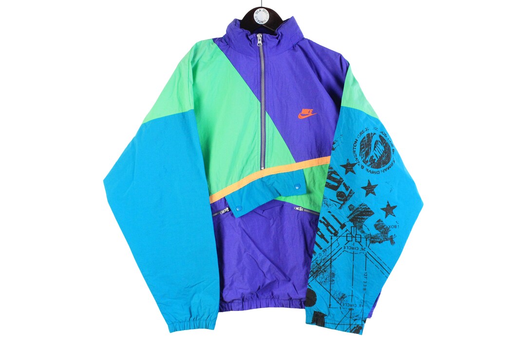 Vintage 90s Nike Green & Blue Crazy Pattern Pullover Anorak Jacket XXL