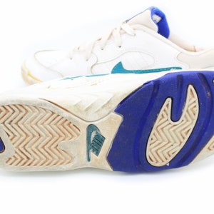 May include: White leather sneakers with blue and teal accents. The sneakers have a white rubber sole with a blue and white pattern.