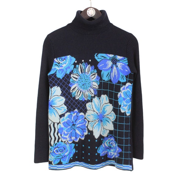 vintage KENZO Jeans women's Floral turtleneck SIZE M authentic flowers pattern print black blue Abstract art 80's 90's rare sweater jumper