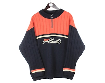 Suéter vintage FILA con cremallera de 1/4, talla L, para hombre, azul, naranja, años 00 y 90, retro, de punto, de invierno, cálido, de manga larga, ropa informal