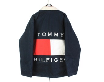 vintage TOMMY HILFIGER big logo Jacket Size L men's red/navy/blue/white heavy trucker truck hunting buffalo work rare retro hipster 90s 80s