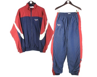 vintage REEBOK chándal Tamaño L oversize retro deporte azul rojo 90's cortavientos auténtico traje de pista para hombre chaqueta y pantalones deportivos