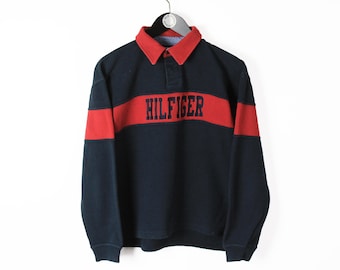 vintage TOMMY HILFIGER big logo rugby shirt Size S men&#39;s navy blue retro unisex clothing hip hop fresh wear streetwear 90&#39;s style sport