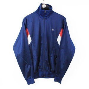 Vintage PUMA Trainingsjacke Size L authentisches marineblau kleines Logo selten retro rave 90er Polyester Kleidung klassisch Sport Windjacke