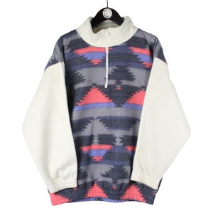 vintage FLEECE Sweater 1/4 Zip oversize Size S 90&#39;s ski multicolor bright warm retro abstract crazy gray winter sport athletic jumper