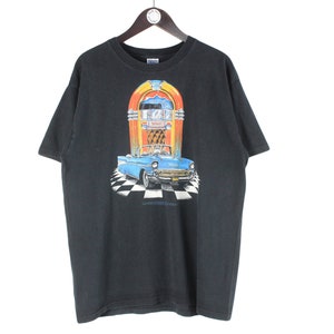 T-shirt vintage TRINITY, taglia XL da uomo, realizzata negli USA, logo frontale, muscle car, collezione retrò, hipster, anni '90, non di marca, maglietta nera con carillon, basic