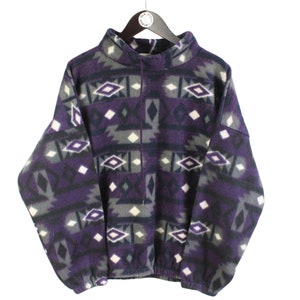Vintage MULTICOLOR FLEECE Pullover übergroß Männer lila grau abstrakt authentisch 80er 90er Ski warm selten Retro Hipster Winter Rave Sport Wear