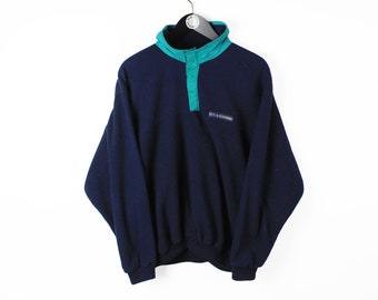 Vintage FLEECE Pullover Größe M Männer authentische Druckknöpfe Marine Retro Sweatshirt athletisch Ski Stil Sportbekleidung 90er Jahre nordisch sportlich Winter