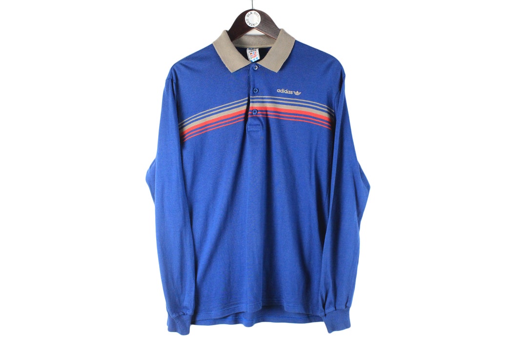Vintage ADIDAS Polo Tshirt Long Sleeve Rugby Shirt Blue Collared