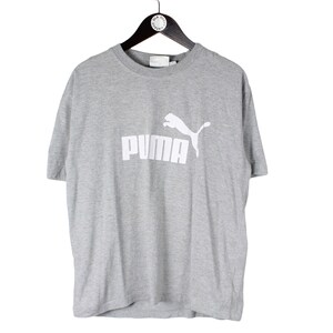 Camiseta vintage PUMA con logo grande, camiseta deportiva retro de los 90, rara, talla M, top deportivo de algodón, estilo básico, gris, cuello redondo, manga corta, auténtica
