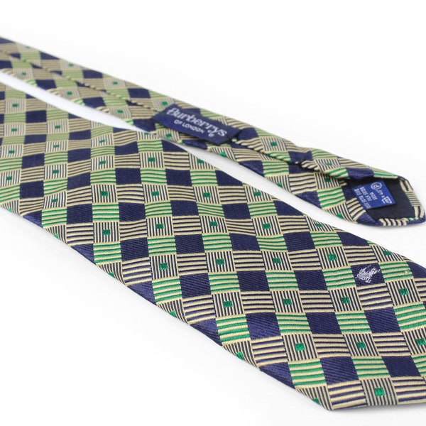 vintage BURBERRYS men's Tie geometric pattern necktie green plaid retro beautiful print luxury gift for men 90's authentic silk paisley