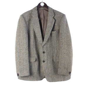 vintage HARRIS TWEED Blazer Jacket authentic pattern gray Pure new Wool retro college school style Size Xl classic 90s UK 2 buttons men&#39;s
