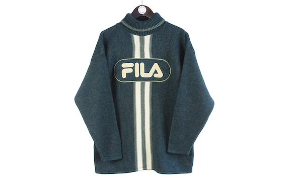 Vintage FILA Turtleneck Sweater Size M Men s 00 s 90 s Retro Knitted Winter Warm Long Sleeve Jumper Pullover Casual Wear Blue Big Logo Etsy