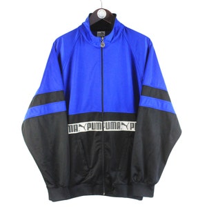 vintage PUMA Trainingsjacke Männer Gr. L authentische Retro Rave Style Sport 90er Jahre kleines Logo Windjacke athletisch Streetwear Bekleidung blau schwarz