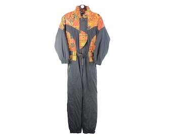 Traje de esquí vintage talla 38 para mujer, auténtico, chaqueta, mono, ropa deportiva, negro, naranja, retro, años 90, ropa de abrigo de invierno retro