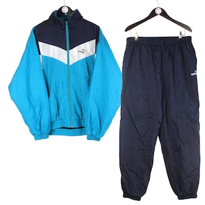 Vintage PUMA Trainingsjacke und Hose Größe XL Retro Sport Anzug Kleidung 90er Jahre kleines Logo authentische Männer sportliche blaue Windjacke
