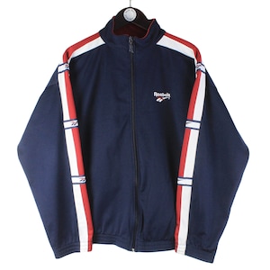 vintage REEBOK Trainingsjacke marine blau Grösse L Herren athletisch Sport Full-Zip Athletisch Sport Retro Streetwear Windjacke Stil kleines Logo 90s