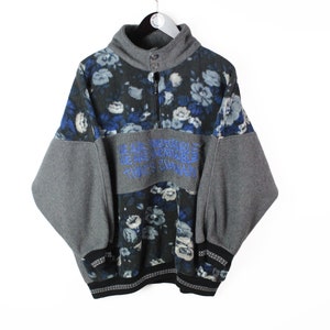 vintage FLEECE Sweater authentic 1/4 zip sweatshirt 90s retro winter ski style floral pattern outdoor warm mountain men&#39;s Size S gray jumper