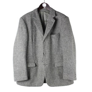 vintage HARRIS TWEED authentic Blazer Jacket gray Pure new Wool retro style Size M/L gray 90s luxury outfit 3 buttons up men&#39;s classic