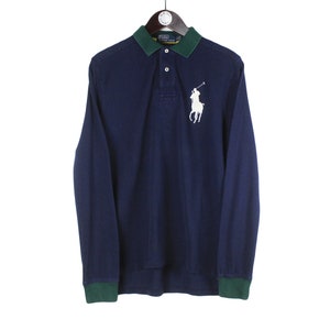vintage POLO by Ralph Lauren Rugby Shirt navy blue collared long sleeve Size M big logo 90s clothing casual style sportswear