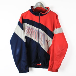 Vintage PUMA Herren Trainingsjacke Größe L authentische blau rot seltene Retro 90er Streetwear sportlich Windjacke klassisch Deutschland Sport Stil