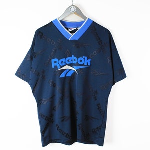 vintage REEBOK authentic t shirt polyester blue big logo Size men&#39;s L oversized sport tee 90s 80s hip hop retro style streetwear athletic