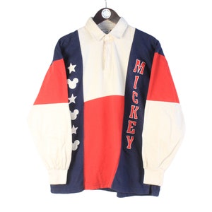 vintage DISNEY Mickey Mouse Rugby Shirt long sleeve polo t-shirt Size S big logo retro collection white red blue 90s cartoon collared jumper