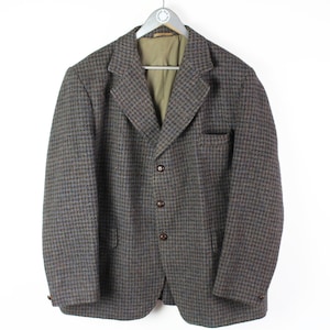 vintage HARRIS TWEED authentic Blazer Jacket plaid pattern gray Pure new Wool retro style Size XL/XXl brown 90s 80s luxury button up men&#39;s