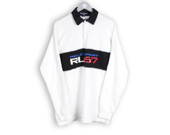 vintage POLO SPORT RL-67 Ralph Lauren Rugby Shirt white black collared long sleeve tee Size l/xl big logo 90s 80s clothing made in Hong Kong