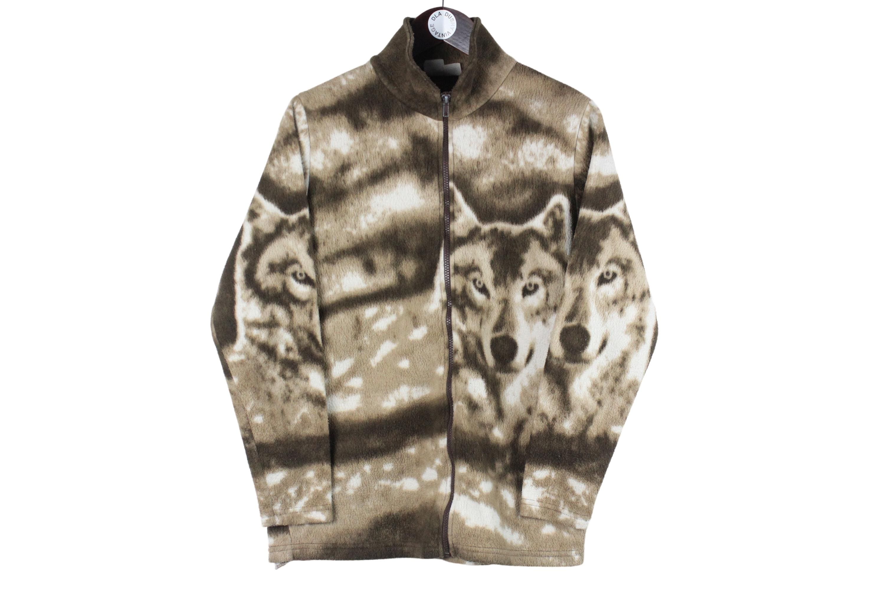 Vintage FLEECE Wolf Nature Animal Pattern Print Women's Size M