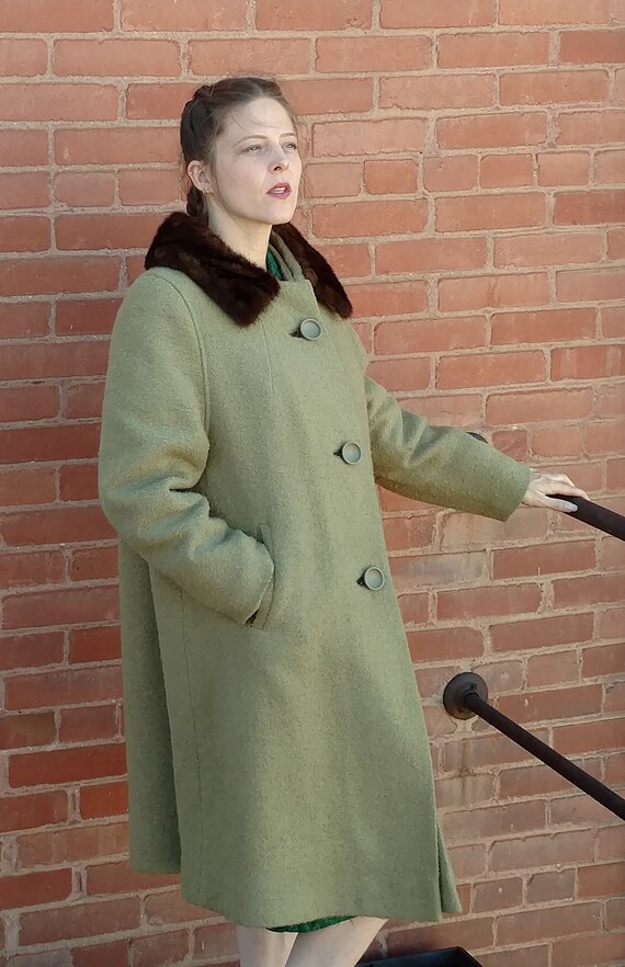 Sage Green Wool Coat with Fur Collar, Fur Collar … - image 1