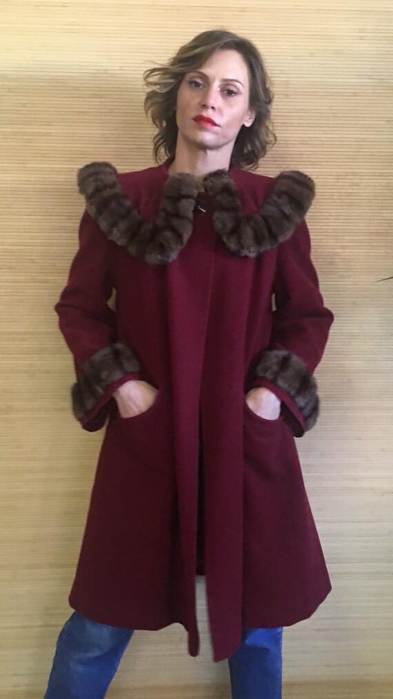 Vintage Swing Coat. Cabernet Wool with mink trim c