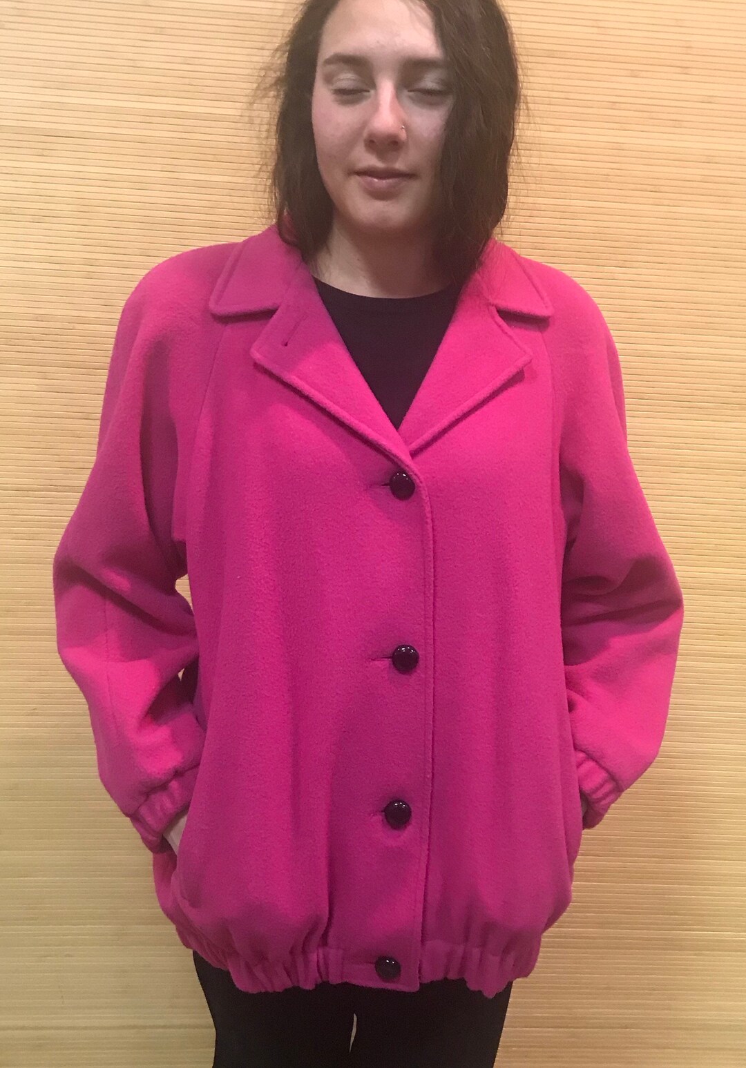 Wool Blend Coat Womens, Vintage Outerwear, Pink Wool Overcoat, Hot Pink