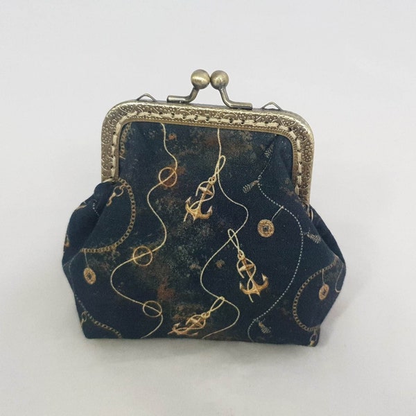 Clip purse fabric, maritime, anchor, small purse, clip purse vintage, iron-on bag, wallet fabric