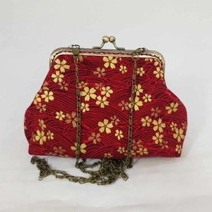 Bag small, red, gold, cherry blossoms, clip bag, mini clutch, art nouveau