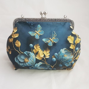 Tasche, blau, Blumen, Schmetterling Handtasche,  Bügeltasche vintage