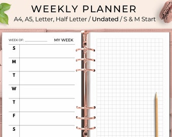 Weekly Planner Printable, Week at a Glance Printable, Weekly Planner Template, Week on Two Pages, WO2P, Undated, A4, A5, Letter, Half Letter