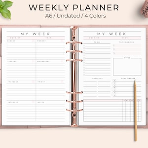 Undated Weekly Planner Printable, Week on Two Pages Printable, W02P, Weekly Inserts, Week at a Glance Printable, A6 Size, Weekly Organizer