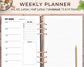 Weekly Planner Printable, Week at a Glance Printable, Weekly Planner Template, Week on Two Pages, WO2P, Undated, A4, A5, Letter, Half Letter